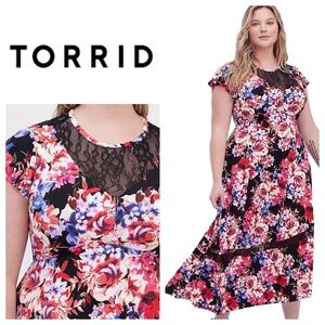 Torrid Sz 4 4X 26 28 Maxi Midi Dress Floral Lace Pink Black Romantic Stretch